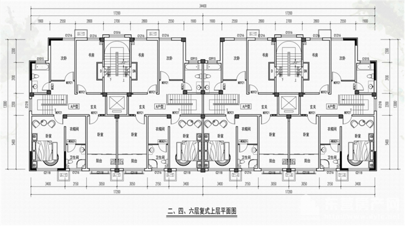 九層住宅樓（1#、2#）二、四、六層復式上層平面圖