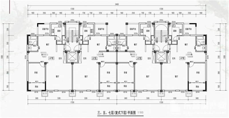 九層住宅樓（1#、2#）三、五、七層復式下層平面圖