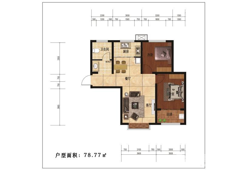 78.77㎡ 2室2廳1衛戶型