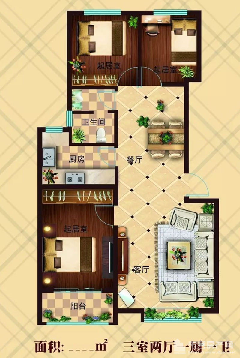 多層100㎡戶型 3室2廳1衛