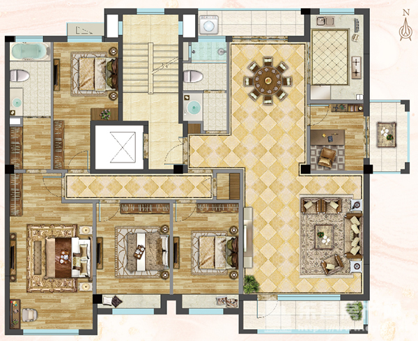 【白金翰宫3期 墅境学府】a1型建筑面积约208㎡五室两厅两卫户型图