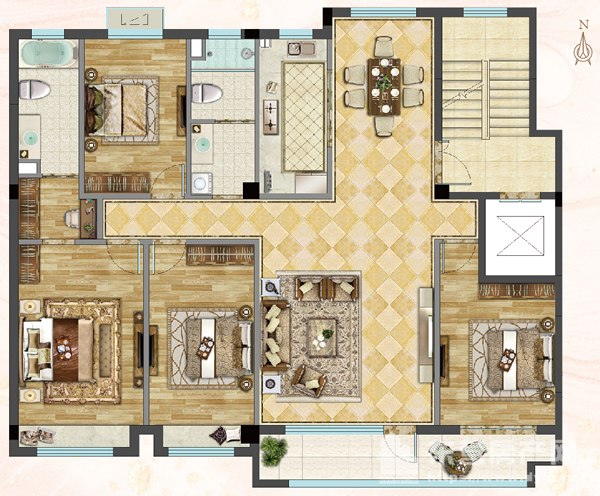 【白金翰宫3期 墅境学府】b1型建筑面积约172㎡四室两厅两卫户型图