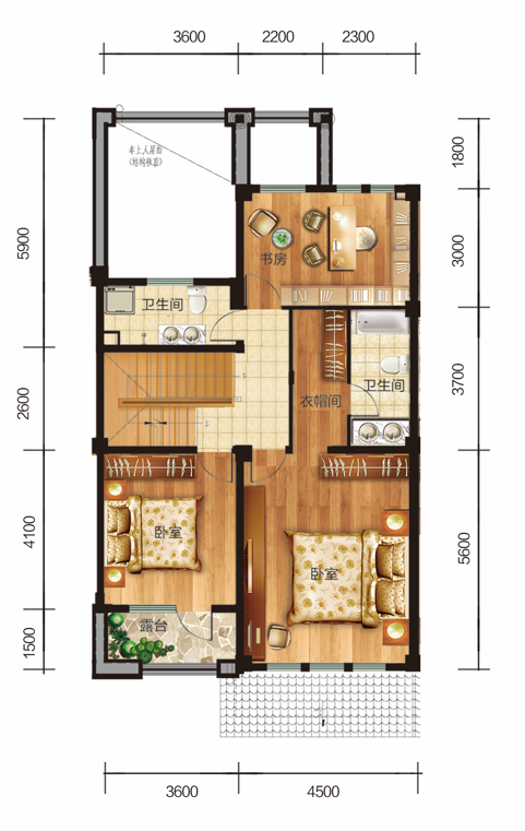 雙拼別墅/聯排邊戶二層 建面約276㎡ 5室2廳3衛