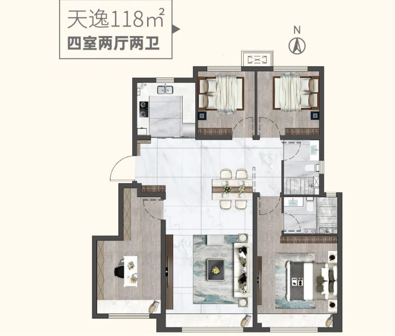 天逸戶型 建面約118㎡ 4室2廳2衛